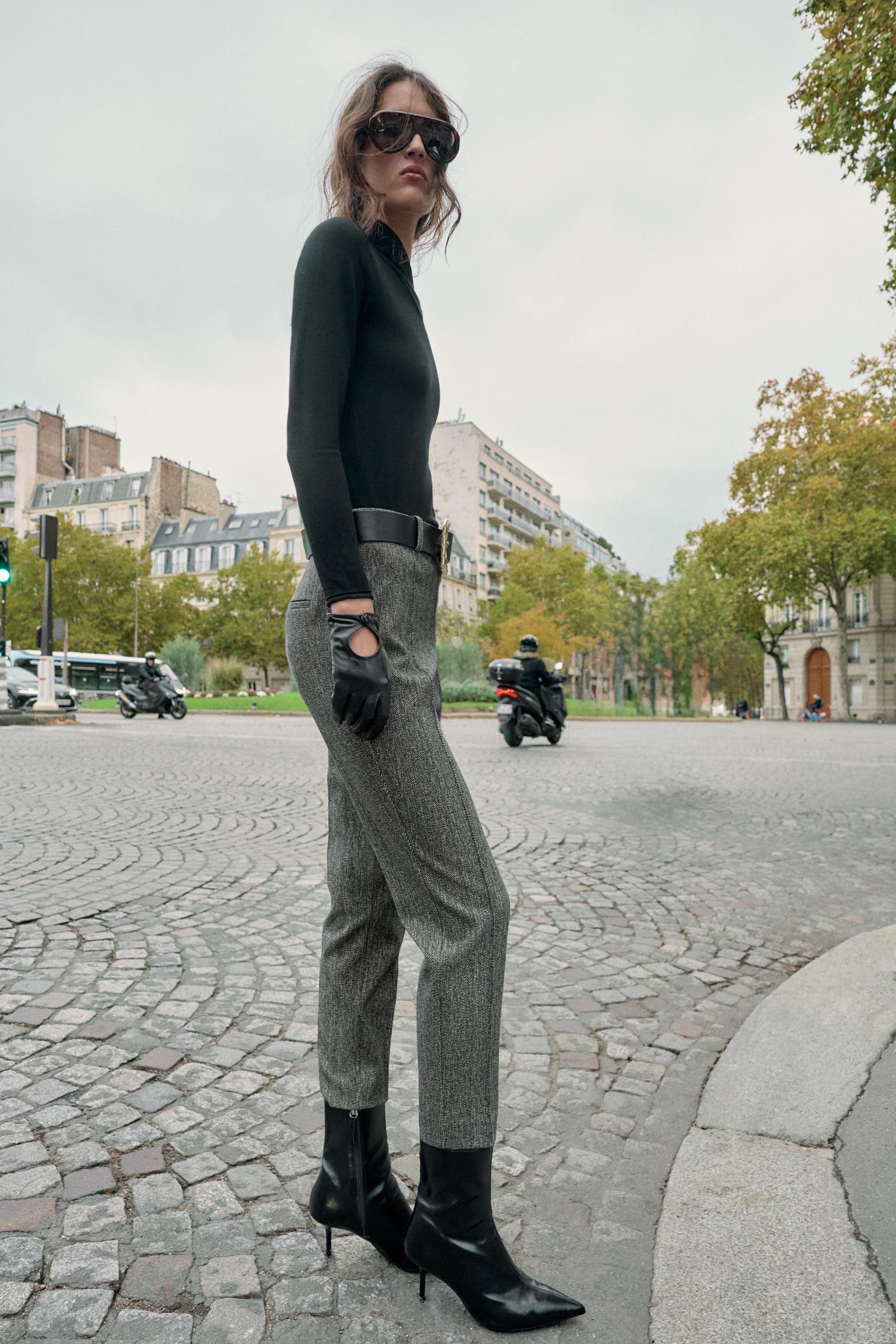 HERRINGBONE BELTED PANTS